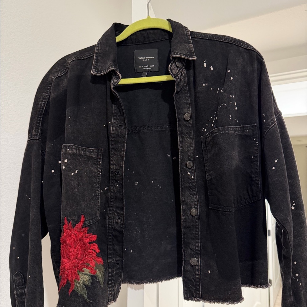 Distressed Black Denim Jacket with Red Floral Embroidery